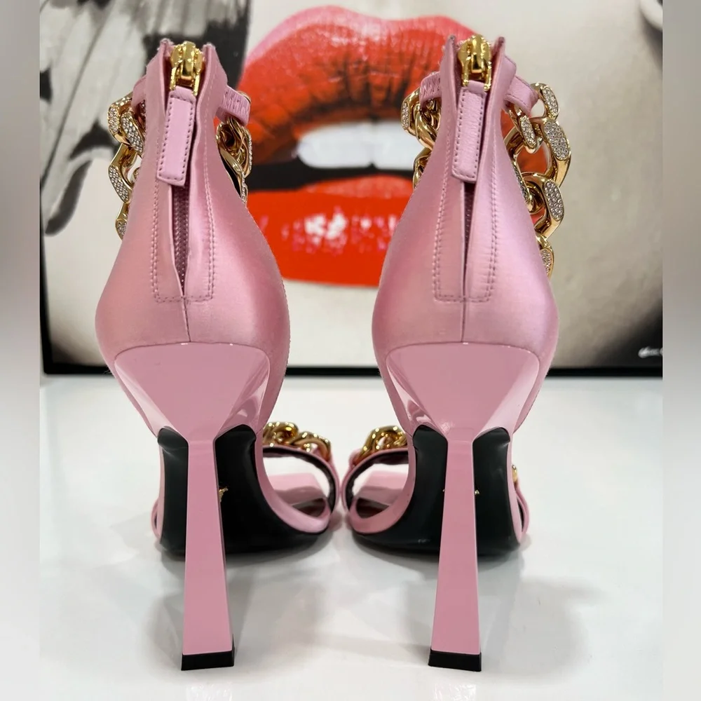 VERSACE Charm Crystal Chain High-Heel Sandals in PInk IT39/US9